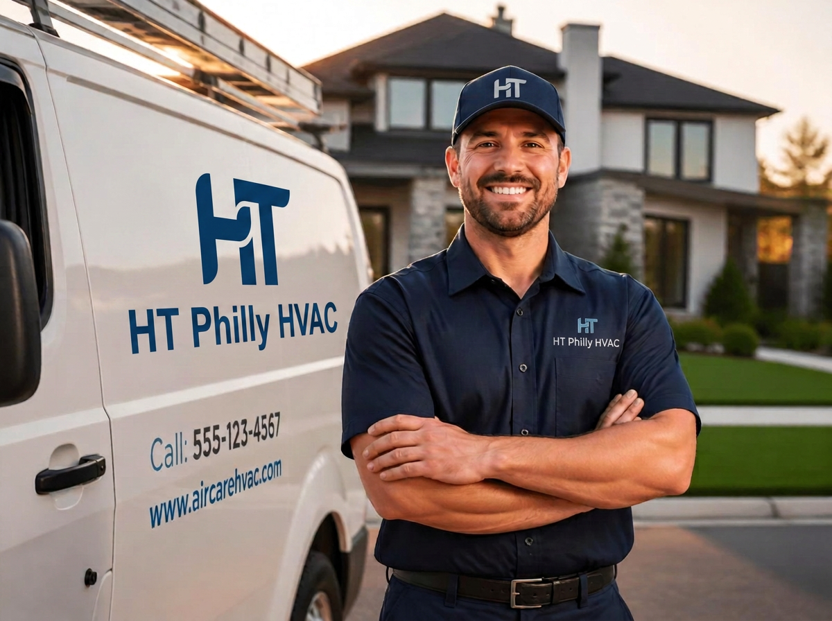 HT Philly HVAC technician standing beside service van in front of a modern home